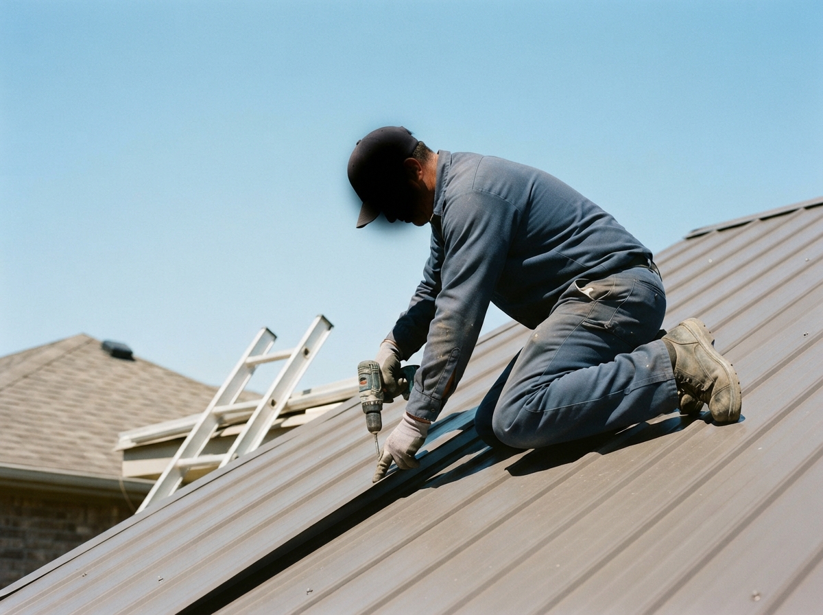 A tradesperson installing a metal roofing panel on a residential rooftop