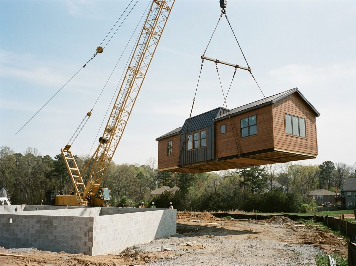 A prefabricated home module being lifted by crane toward its foundation at a residential build site