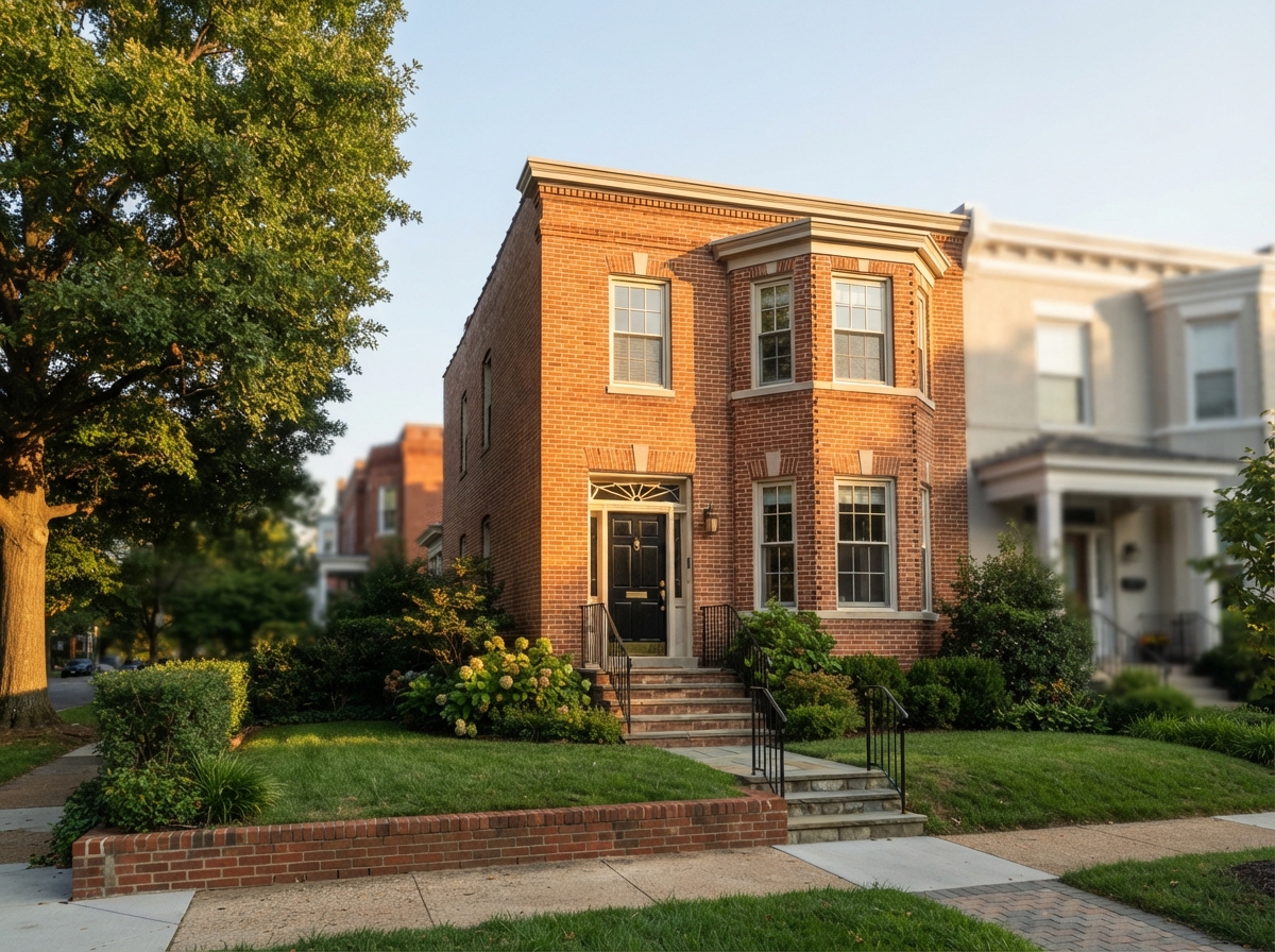 A classic DMV-area brick rowhouse exterior at golden hour